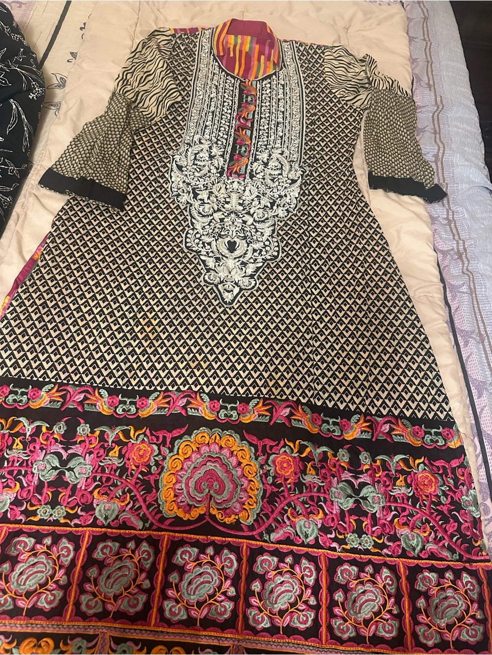 Embroidered Black & Cream Ethnic Tunic PinkOrange Accents 2pieces / custom made